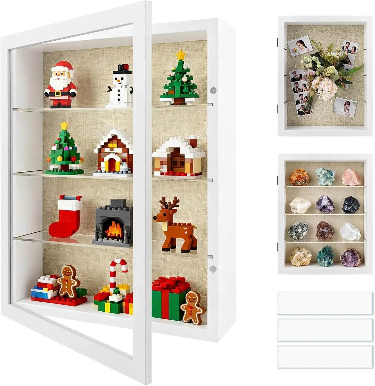 11x14 Shadow Box Display Cases with Removable Clear Shelves, Glass Door Memory Box, White Deep Shadow Box Frame with DIY Light Strip for Keepsake Collectibles, Wedding Bouquet, Photos