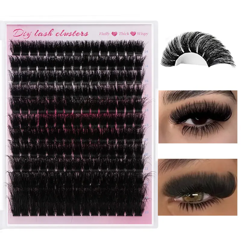 D Curl Cluster Lashes for DIY Eyelash Extensions, 300D Fluffy Volume Waterproof Lash Kit, 14-25mm Mixed Plant Fiber Clusters with Glue & Tweezers, Fluffy Volume Eyelashes, D-Curl Dense Cluster