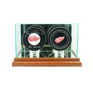212 MAIN Double Hockey Puck Display Case - Walnut, Wooden Base, Mirror Back, Signature Safe, Double Holder, 2 Pucks Capacity, UV Protected, Two Pucks