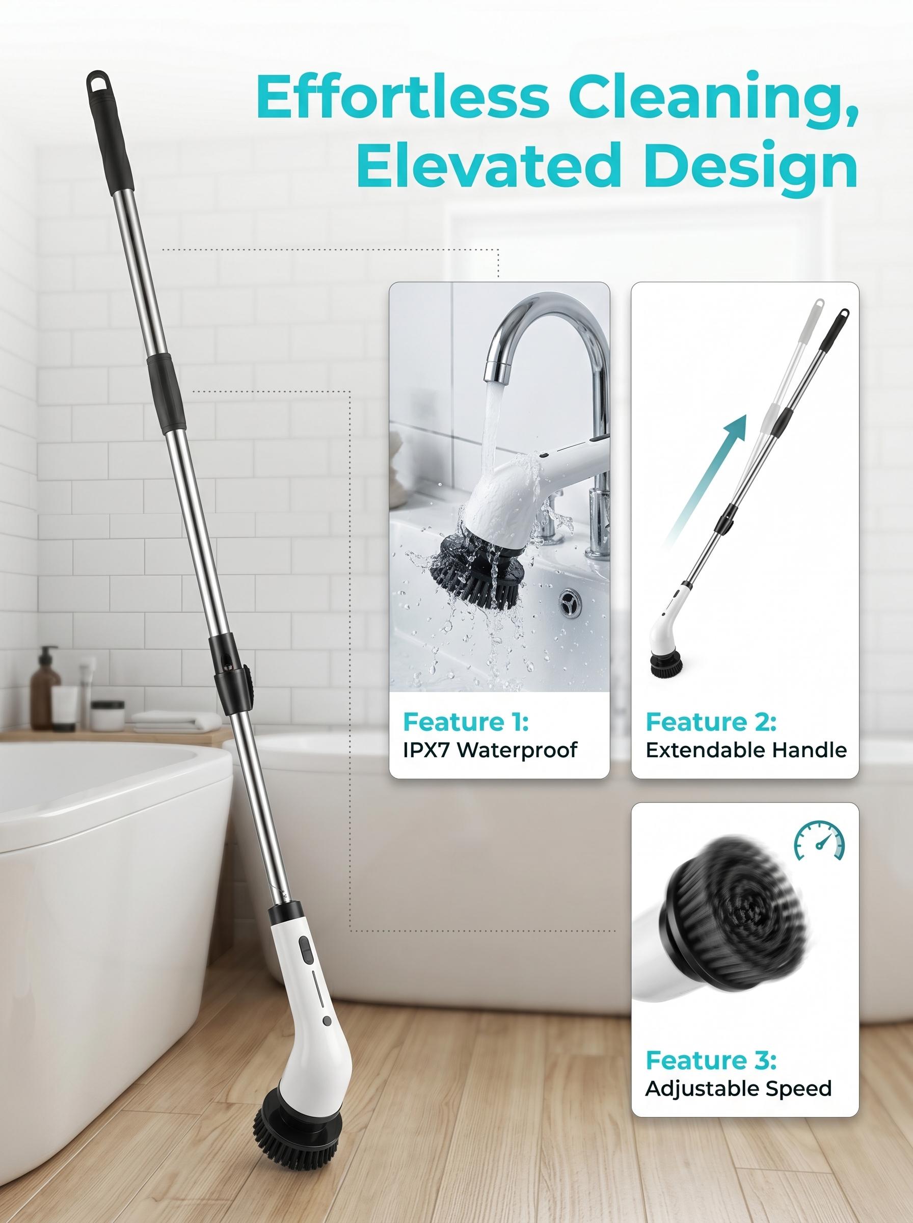 Electric Spin Scrubber, Cordless Shower Scrubber Full-Body IPX7 Waterproof, Electric Cleaning Brush with 4 Replaceable Brush Headsand 3 Adjustable Extension Handle, 2-Speed for Bathroom, Kitchen, Toilet, Window, Pool, tiktok shop deals