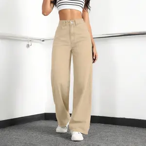 Women's High-Waisted Wide-Leg Loose Stretch Boyfriend  Lightblue Minimalist Basic Bottoms for Daily Wear japanese  cuff   kris  vervet winter fashion comfortable slim jean seven mankind