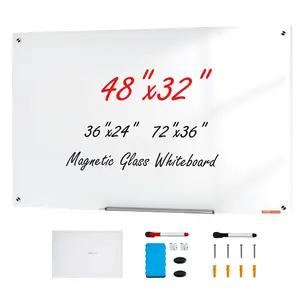 【DealsForYouDays】VEVOR Magnetic Glass Whiteboard, Dry Erase Board 48"x32", Wall-Mounted Large White Glassboard Frameless, with Marker Tray, an Eraser and 2 Markers, White