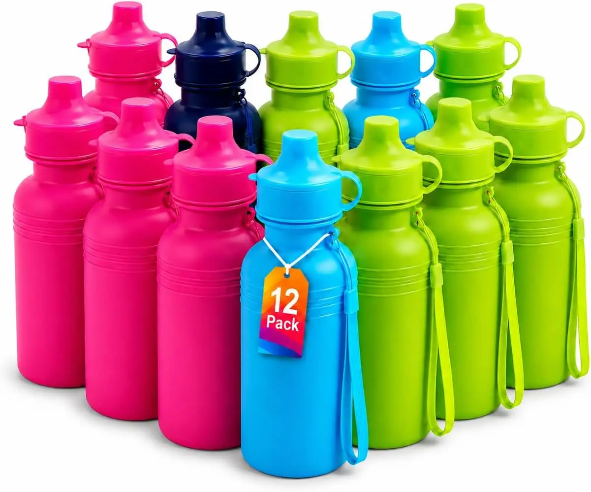 12-Pack 18 oz Squeezable Reusable Plastic Water Bottles for Kids - Neon Colors, BPA-Free, Boxed Set with Carrying Strap, Ideal for Gym Workouts, Party Favors, Teacher End-of-Year Student Gifts