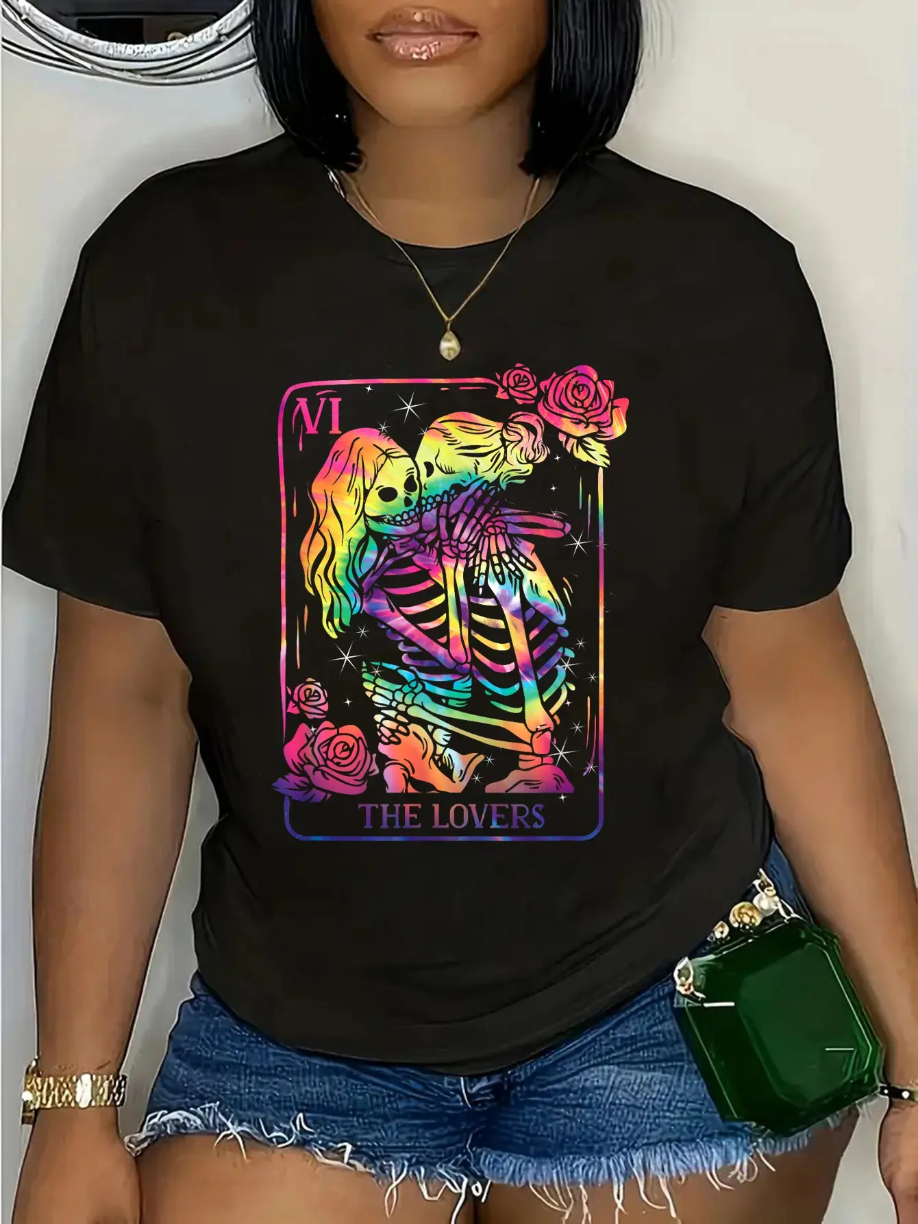 Women's 100% Cotton Short-Sleeve Casual Everyday Graphic T-Shirt - Goth Tie-Dye, The Lovers Tarot Card, Kissing Lesbian Skeletons, Crew Neck, Streetwear, Vintage Top, Distressed Look
