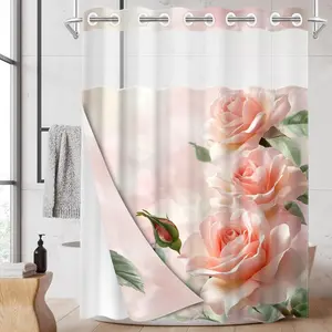1PC/4PCS 2D Flat Printing Happy Spring Pink Roses Patterned shower curtain, home bathroom decor, shower curtain set with 12 hooks, non-slip bathroom rug, U-shaped toilet seat cover, toilet seat mat.