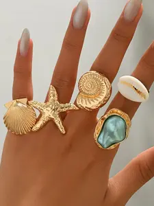 5pcs French-Style Baroque-Inspired Dainty Stacking Rings, Vintage Starfish Conch Seashell Designs, Elegant Accessories for Women, Daily Wear or Vacations