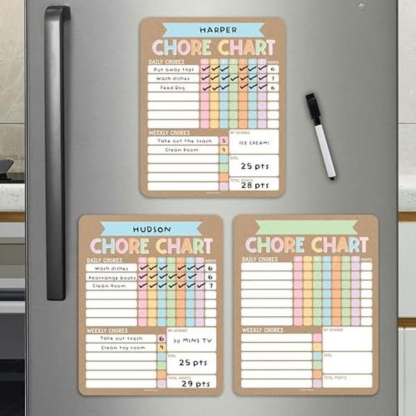 Hadley Designs Kids Chore Charts Set of 3 for Multiple Kids Magnetic Dry Erase Weekly Responsibility Chart with Reward S