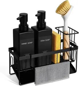 ISUN Dish Soap Dispenser, 12 fl oz / 350 ml Dual Kitchen Soap Dispensers with Sponge Holder, Customized Matte Black Kitchen Soap Dispenser Set, Modern Hand and Dish Soap Bottle Set Removable