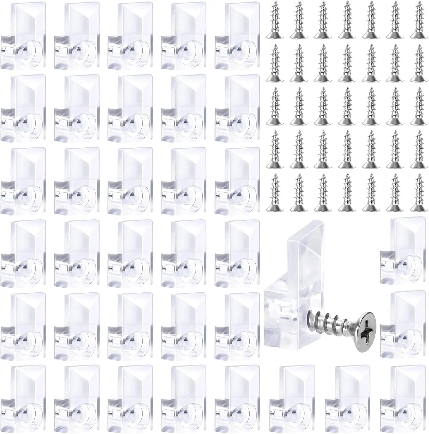 36 PCS Modest High Transparency Mirror Holder Clip Hooks & Rails Kit, Easy-Install Wall-Mount Frameless Glass Hanging Set with Strong-Hold Plastic Retainers, Screws (0.8 x 0.5 x 0.15 inches) for Mirrors, Box Doors | Home Organizer Supplies