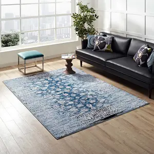 Modway Chiara Distressed Floral Lattice Contemporary 5x8 Area Rug in Moroccan Blue