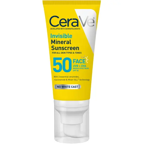 CeraVe Invisible Mineral Sunscreen SPF 50 - Broad-Spectrum Daily Facial UV Protection, Moisture-Boosting, Lightweight, No White Cast for Sensitive Skin