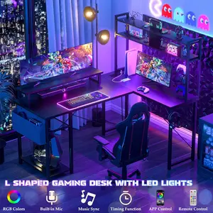 Reversible L Shaped Gaming Desk with LED Lights & Power Outlets，Computer Desk with Monitor Stand & Storage Shelf，Corner Desks Home Office Desk with Storage Bag