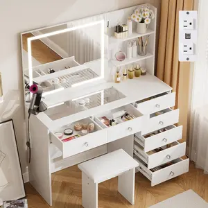 VOWNER 47" Glass Top Makeup Vanity Desk with LED Mirror, Vanity Chair, 7 Drawers, 3 Storage Shelves, Power Outlet & 3 Adjustable Brightness Color Modes for Bedroom (White)