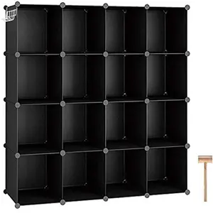 16-Cube Storage Organizer, DIY Plastic Modular Bookshelf, Bookcase for Closet, Bedroom, Living Room, Black (48.4" L × 12.4" W × 48.4" H)