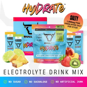 BullFit Hydrate Electrolyte Drink Mix, Tropical Variety Pack, Pink Himalayan Salt, Zero Sugar, Caffeine Free, Potassium, Magnesium, Kiwi Strawberry, Peach Mango, Pina Colada, Coconut Lime, 16 Packets