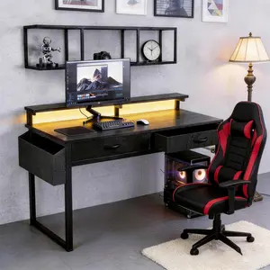 【Vanity & Computer Desk】31.5'' Gaming Desk with LED Lights in Dorm & Tiny home,Computer desk with 2 Storage Drawers,Home Office Desk with Side Pocket & Ergonomic Monitor Stand,Writing Table with Anti-Tip Design, Nice gift for Women and Teens