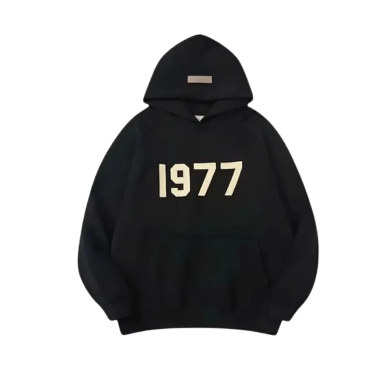 1977 Oversized Hoodie Unisex, Black Pullover Sweatshirt with Number Graphic, Long Sleeve Casual Streetwear Hoodie with Kangaroo Pocket