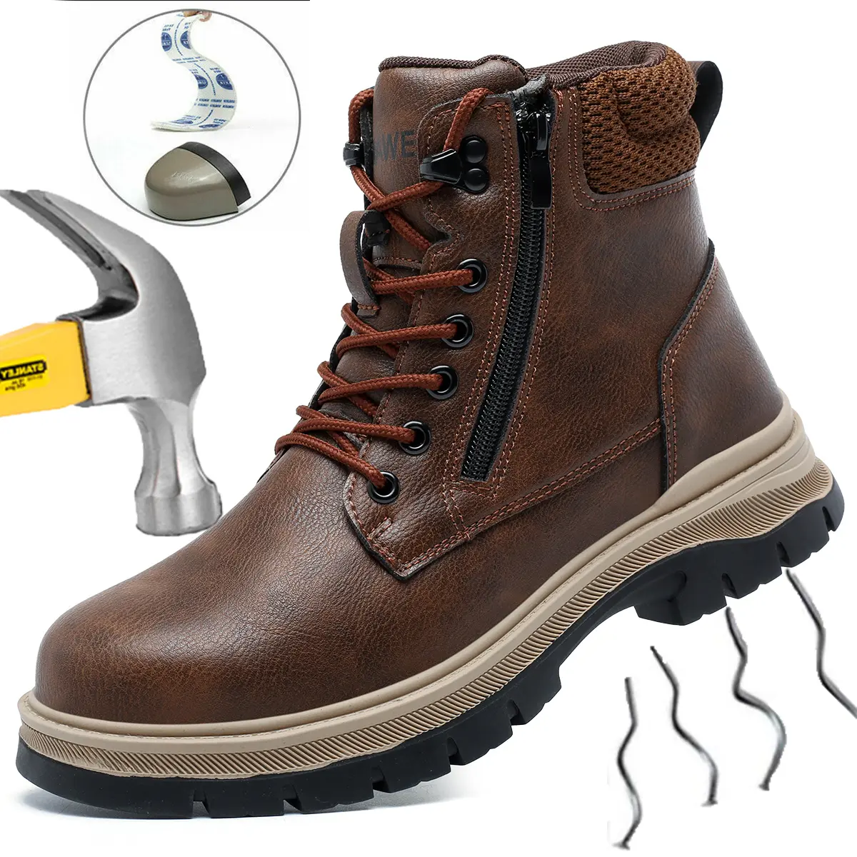 Men's Minimalist Round Toe Steel Toe Work & Safety Footwear - Water Resistant Synthetic Fabric, Anti-Smash, Anti-Puncture, Wear-Resistant, Lace-Up Boots for Workers, Construction Sites, Laces, Outdoors, All Seasons, Lightweight, Multi-Protection