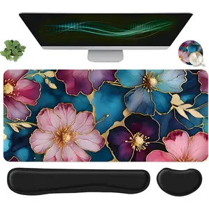 4pcs Luxury Gold Accent Gradient Floral Design Mouse Pad Set, Mouse Pad with Keyboard Wrist Rest & Coaster, Ergonomic Wrist Support, Computer Mat Mouse Pad Coaster Suitable for Home Office Gaming Desktop Accessory