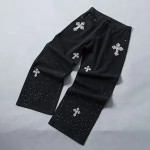 Sopula Men's Cross Rhinestones Art Wide-leg Relaxed Fit Denim Jean Streetwear Black Pants