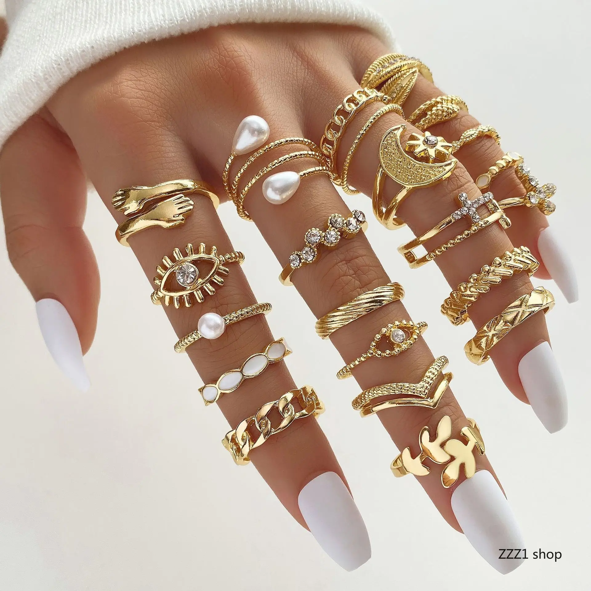 Women's Boho Aesthetic Gold Stacking Rings Set - Evil Eye, Pearl, Crystal, Moon, Star, Cross, Hugging Hands Knuckle Jewelry for Daily Sports & Outdoor Activities, Gold Rings