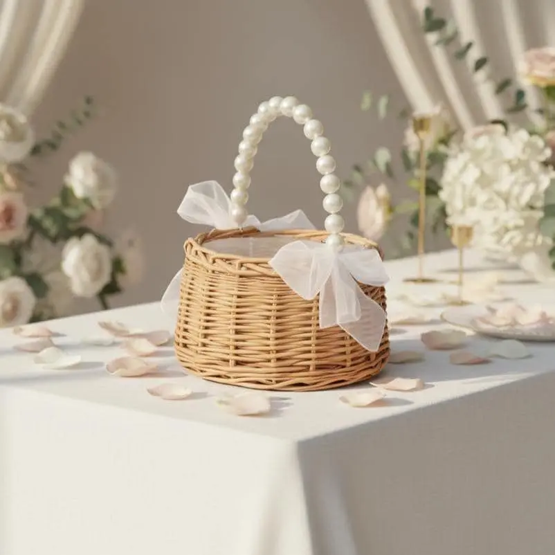Rustic Flower Girl Basket with Pearl Handle Wedding Ceremony Petal Basket Boho Bridal Basket Wicker Basket with Ribbon Bows