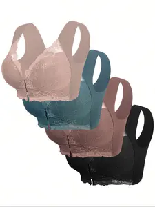 4 Pack Women's Solid Wireless Bra, Soft Comfy Breathable Underwear, Medium Support, Casual Style, All Seasons Lingerie Top