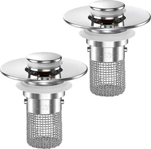 Bathroom Sink Drain Strainer, Pop Up Sink Drain Filter with Removable Stainless Steel Filter Basket Hair Catcher, Bathroom Sink Drain Stopper, for Us Bathroom Sink Stopper Replacement (2 Pcs)