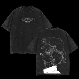 Jujutsu Kaisen Gojo Satoru & Cat Graphic Short-Sleeve T-Shirt, Washed Cotton Men's Top, Plus-Size Casual Women's Clothes