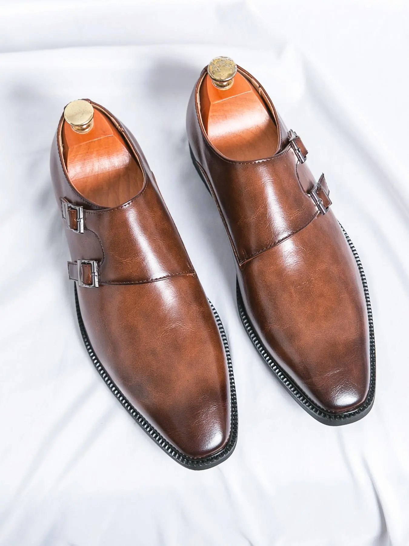 Men's Business Formal Double Buckle Design Dress Loafers, Business Style Footwear, Business Casual Shoes, Fashionable Trendy Pointed Toe Slip-on Shoes for Work Office, Male All-match Commuter Shoes for Daily Wear, Boy, Business Footwear, PU Leather Shoes