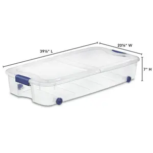 66 Quart Clear Underbed Storage Container with Latch Lid and Wheels, Blue