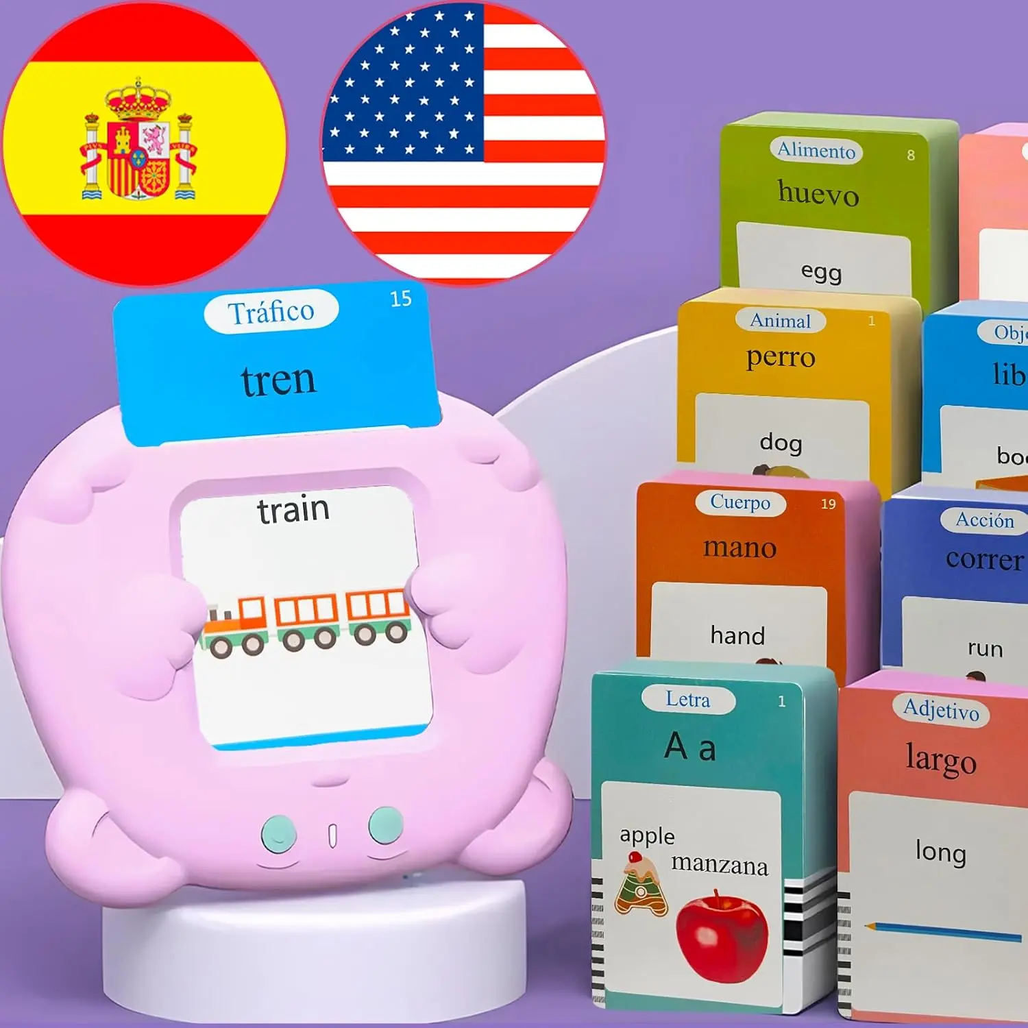 Bilingual English Flash Cards - Spanish Talking Flash Cards, 510 Sight Words 31 Themes, Pocket Speech for Toddlers 3-12, Autism Sensory Toys, Preschool Learning Activities (Spanish, Pink)