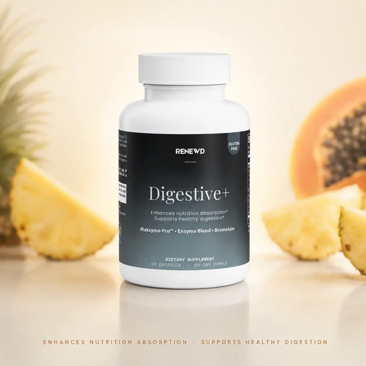 Digestive+ Dietary Protein Digestive Enzyme Supplement with Makzyme-Pro - Enhances Nutrition Absorption, Supports Healthy Digestion - Bromelain, Papain, Lipase, Lactase - Gluten-Free, Vegetarian, 60 Capsules - RENEWD