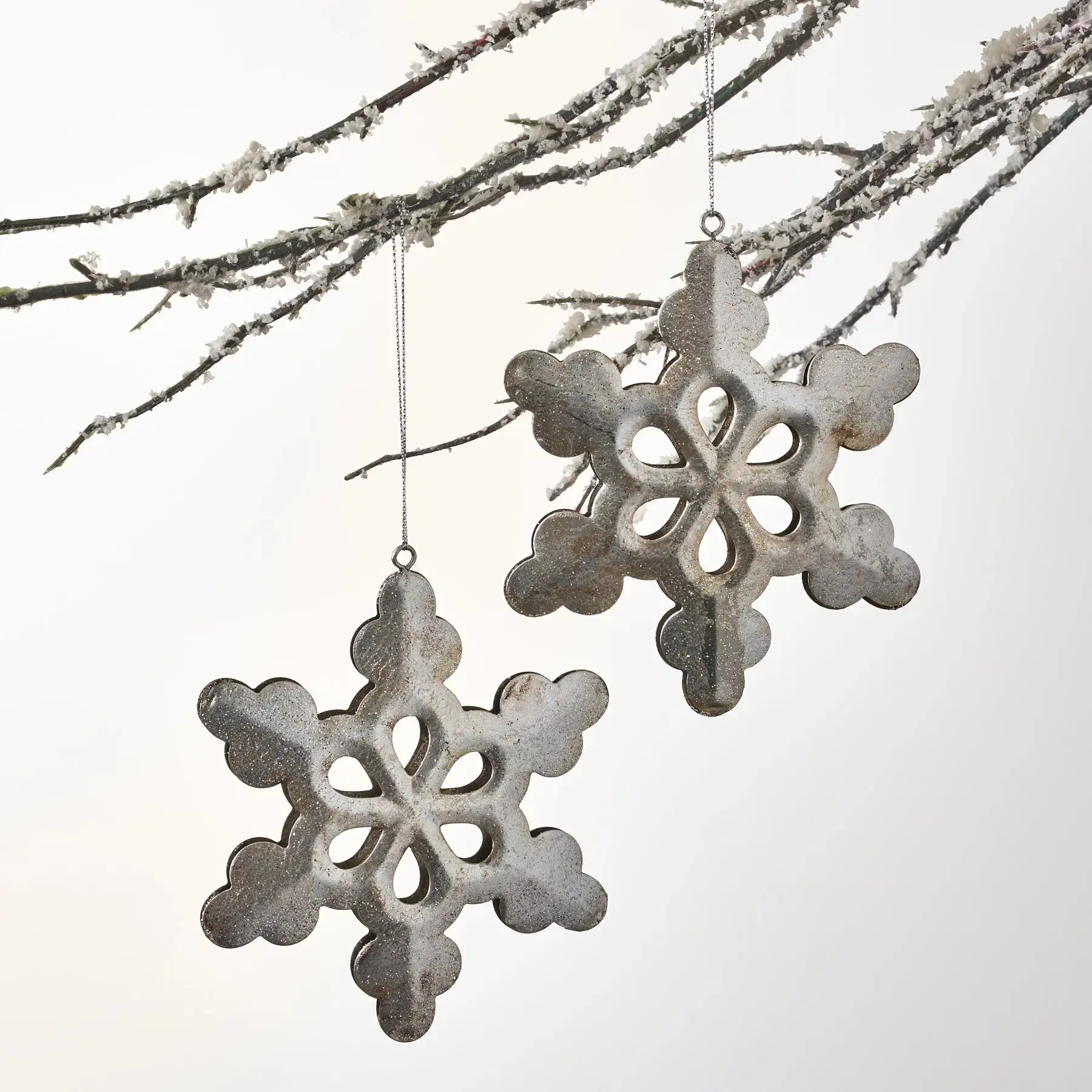 Artistic Galvanized Metal Silver Glitter Snowflake Christmas Tree Ornaments - 2-Piece Hanging Decoration, 4.75" w x 5.5" h, 3" Silver Twine Loop Hanger, Winter Festive Home Decor Supplies