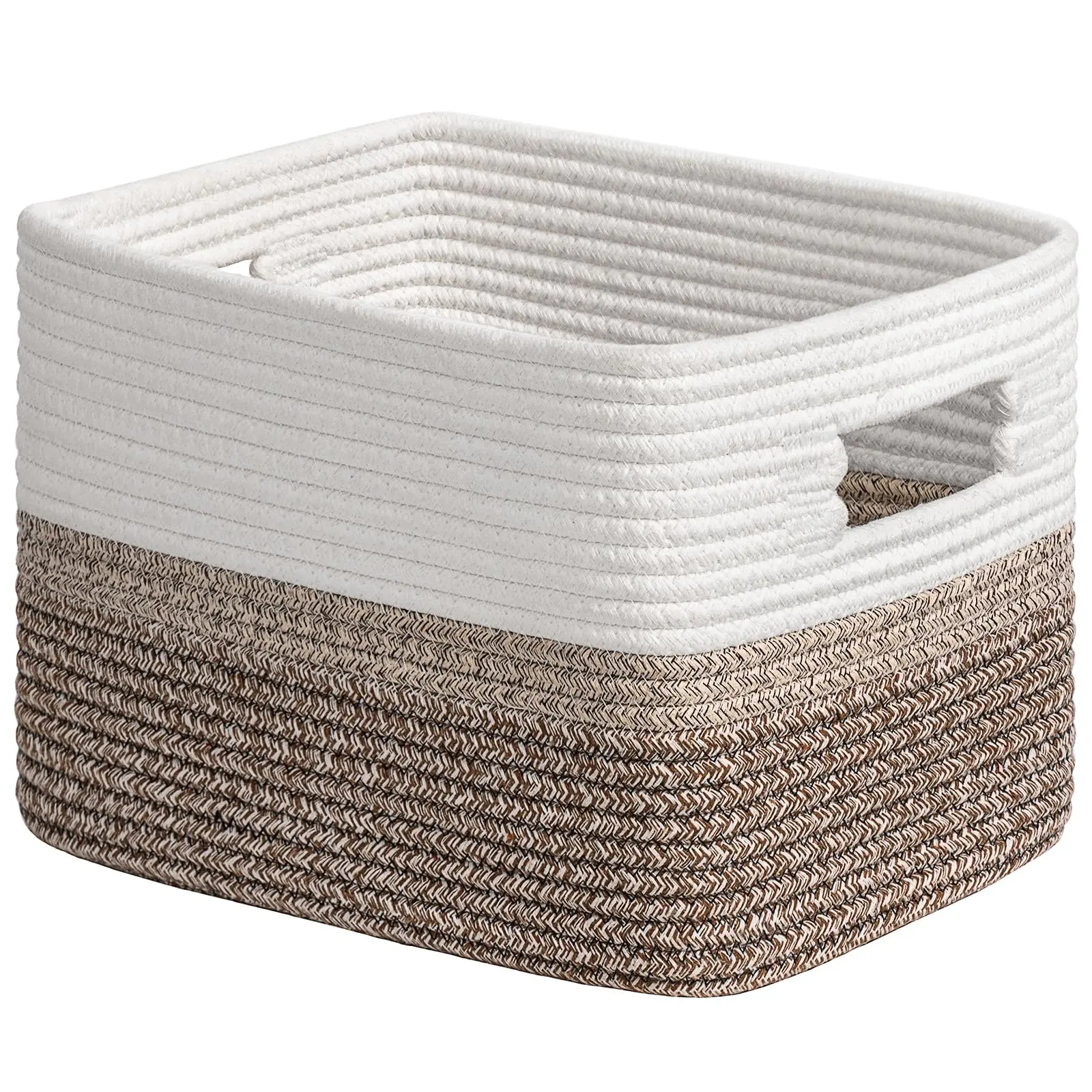 [New Deal] Storage Basket, Woven Basket for Baby Toys, Baskets for Organizing, Rectangle Basket with Handles, Rope Baskets for Shelves, Bathroom Organiser White Brown, Modern, Foldable