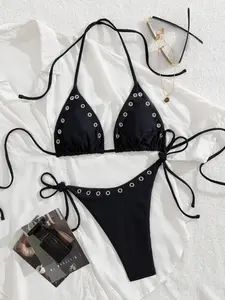 New Metal Buckle Sexy Bikini Set Swimsuit for Women, Slim-Fitting Casual Swimwear, All Seasons Fashion, Plain Pattern, Wrapped Bikini Set, Beach Bikini