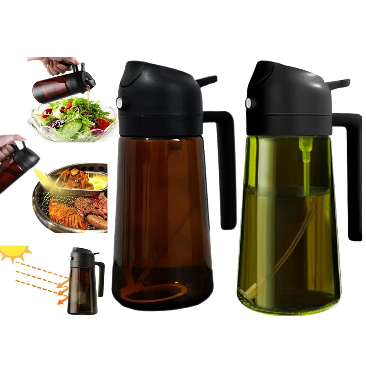 2-Pack 16 oz (470 ml) Glass Olive Oil Sprayer - Dual Dispensing Mister with Precision Nozzle, BPA-Free Kitchenware Utensils, Cooking Container for Air Fryer Accessories