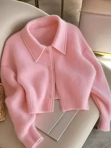 Elegant Women's Knit Cardigan, Short Sweater Coat, Lapel Collar, Ribbed Cuffs & Hem, Buttoned Design, Perfect for Fall & Winter