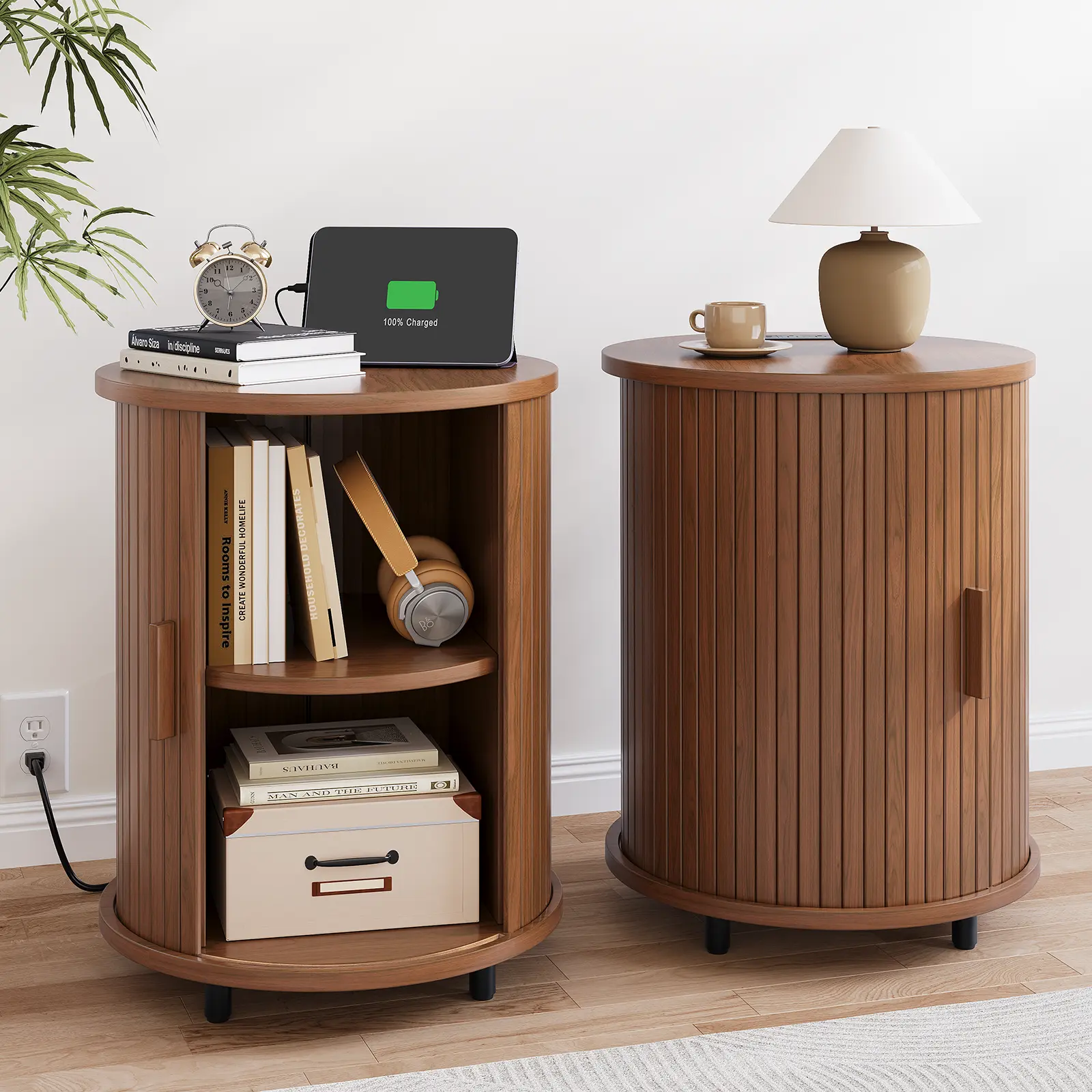 【SummerFinds】ONBRILL Round End Table with Charging Station, Mid Century Bedside Table with Sliding Door & 2 Tier Storage, Mid-Century Modern Nightstand, LivingRoom Furniture, Bedroom Furniture SummerFinds
