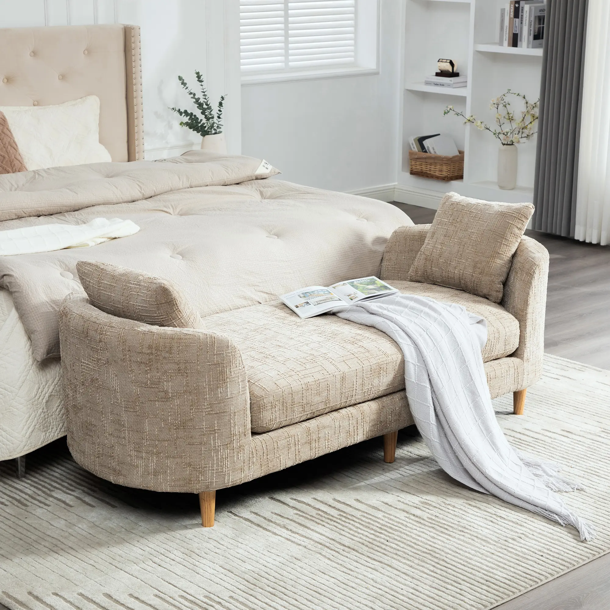 77.17" Wide Solid Supportive Modern Upholstered End-of-Bed Bench with Armrests - Chenille Chaise Lounge, 2 Pillows, Rubberwood Legs for Living Room, Bedroom (Wheat, Beige, Orange)