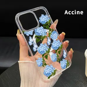 Clear Phone Case for iPhone 17 16  Pro Max Plus 15 14 13 12 11 Air E Hydrangea and Butterflies  Pattern Magnetic Sunction Acrylic Back Full Body Protective Cover