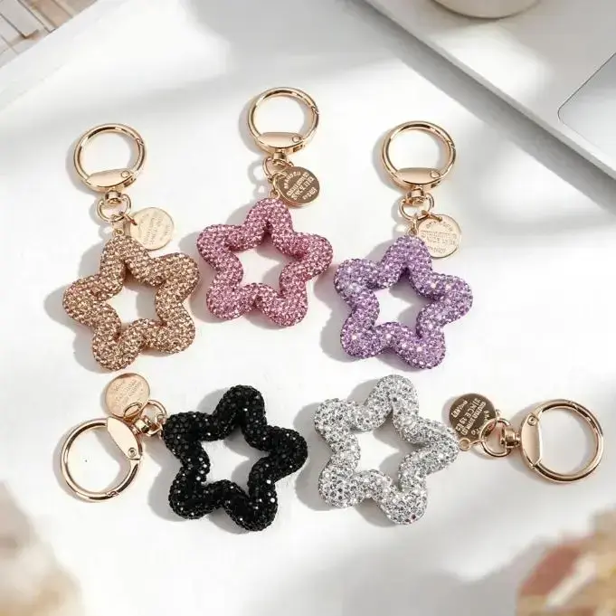 Sparkly Handmade Hollow Star Rhinestone Keychain - Bling Metal Bag Charm with Spring Clasp, Round Tag - Cute Accessory for Women, Handbags, Keys, Small Holiday Gift, Keychains, Accessories For Women