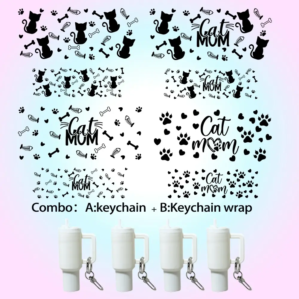 8 Pcs Cat Theme DIY Handmade Set, 4 Keychains Mini Cups + 4 UV DTF Stickers, Craft Accessories for Bag Decoration, Holiday Gifts, Keychain For Bags, Bag Charms, Key Chain Decorations, Aesthetic Keychain, Key Chain Cute