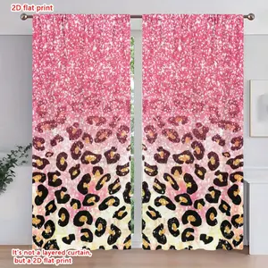 2D Flat 2Pcs gradient leopard print living room curtains, Window Curtain, sparkle glam pole hung semi blackout, transparent, bedroom, home decorative curtains..