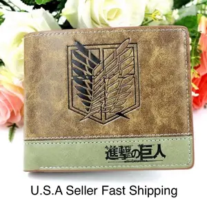 Titan Anime Wallet - AOT Brown PU Leather Japanese Manga Cartoon Short Bifold Cash Credit Card Photo ID Survey Corp Scout Regiment Wings of Liberty Symbol Logo