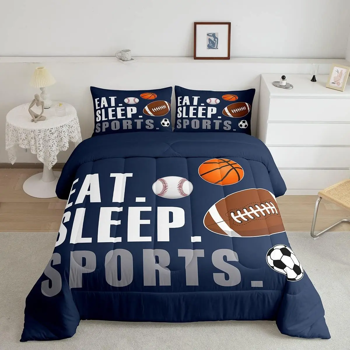 Sports Theme Luxury Comforter Set - Decorative, Soft, Microfiber Bedding with Breathable Inner Fill, Football and Basketball Designer Duvet, Decorative Bedding Set, Microfiber Bedding Set