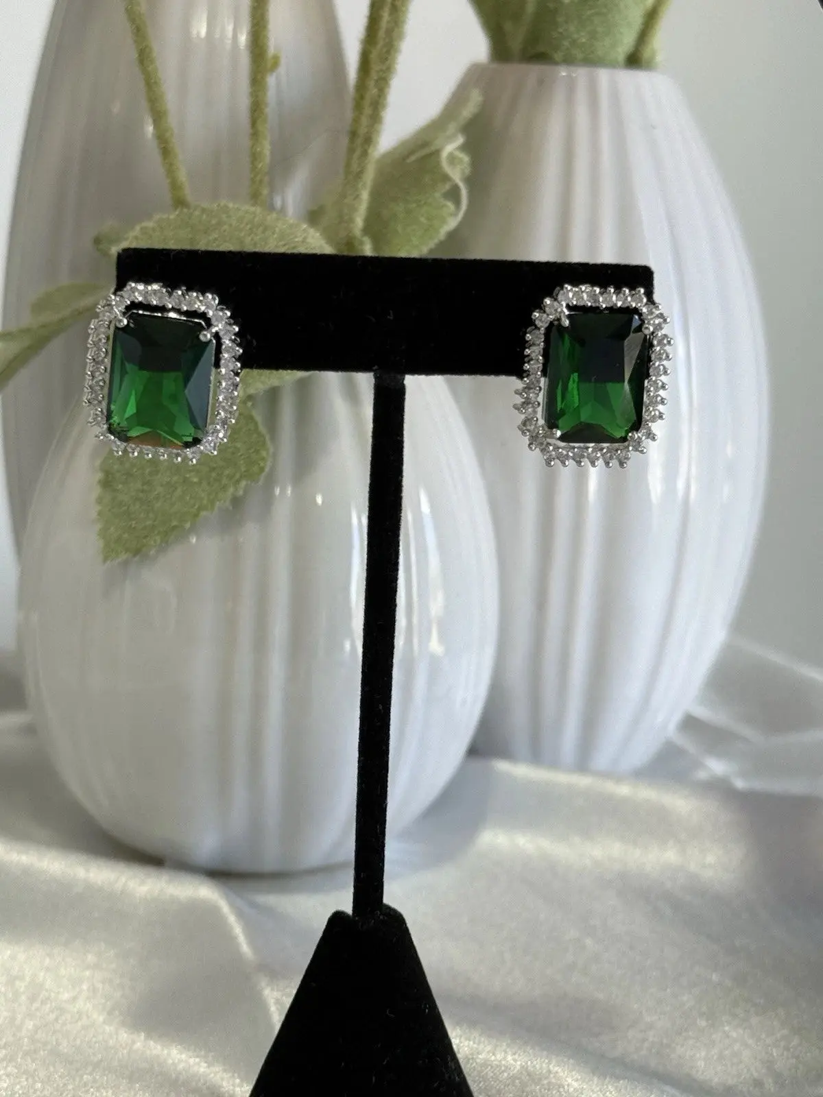 Emerald Green CZ Rectangle Stud Earrings for Women, Silver Tone Halo Cubic Zirconia Studs, Nickel-Free Birthday Party Jewelry Gift