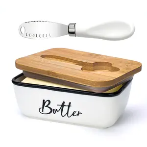 Butter Dish with Lid & Knife – Oversized Luxury Ceramic and Stainless Steel Countertop Keeper with Flip-Top Cover, Double Silicone Seal, and Easy-Clean Design – Ideal Kitchen Gift for Butter Lovers Cutting Kitchenware White Wooden