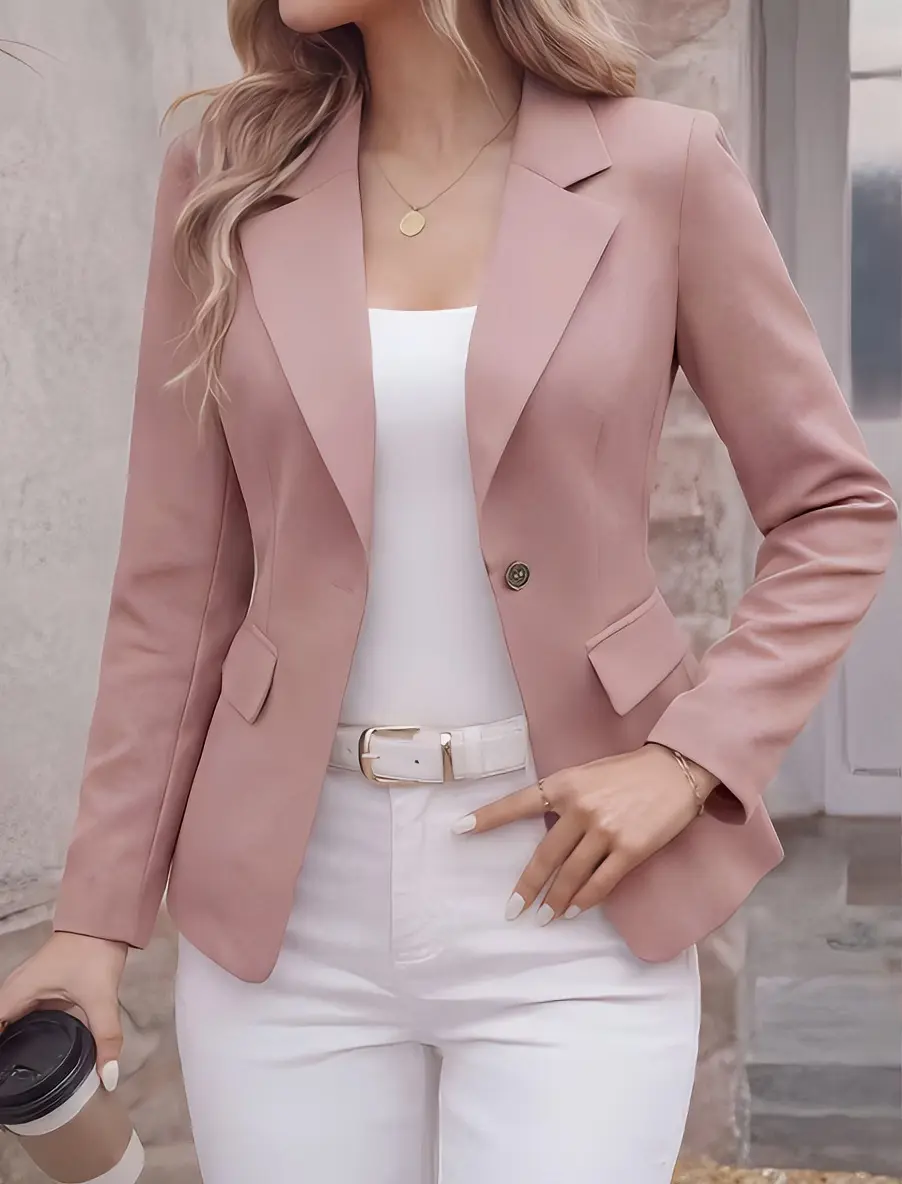 Elegant Pink Blazer for Women - Classic Lapel Design with Single Button Closure - Ideal for Office and Formal Occasions