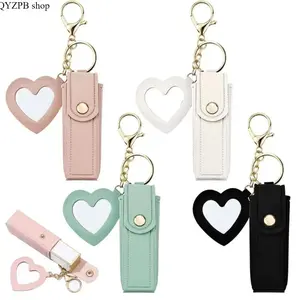 Women's 4-Pack PU Leather Lip Balm Holder Keychain with Mirror, Portable Chapstick Case Organizer, Cute Mini Travel Makeup Storage for Purse